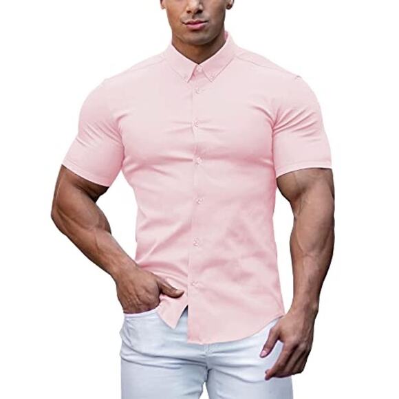 URRU Men's Muscle Dress Shirts Slim Fit Stretch Short Sleeve Casual Button Down - Picture 1 of 7